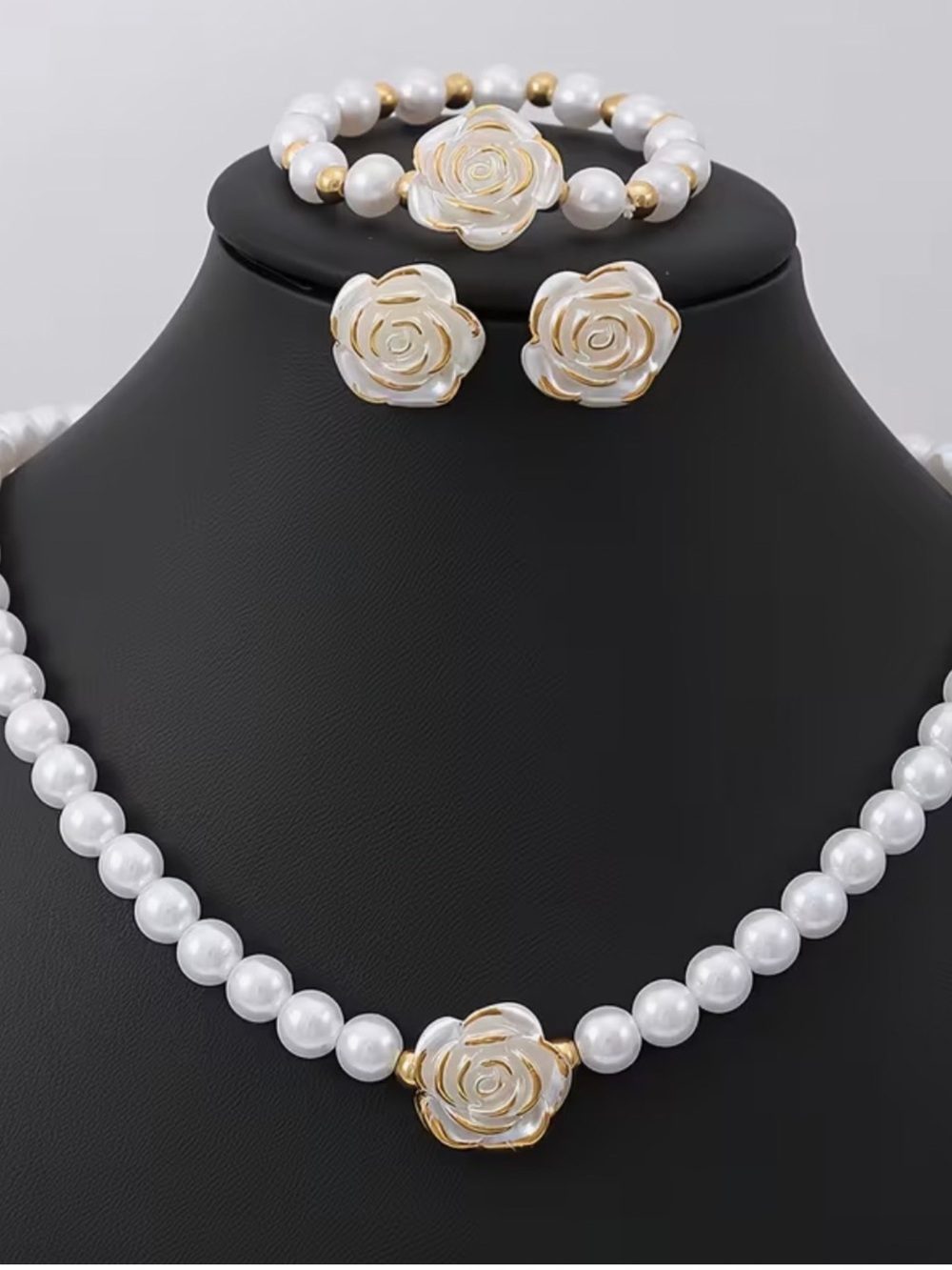 4pc Camellia Faux Pearl Jewelry Set White & Gold  Necklace Earrings Bracelet N13